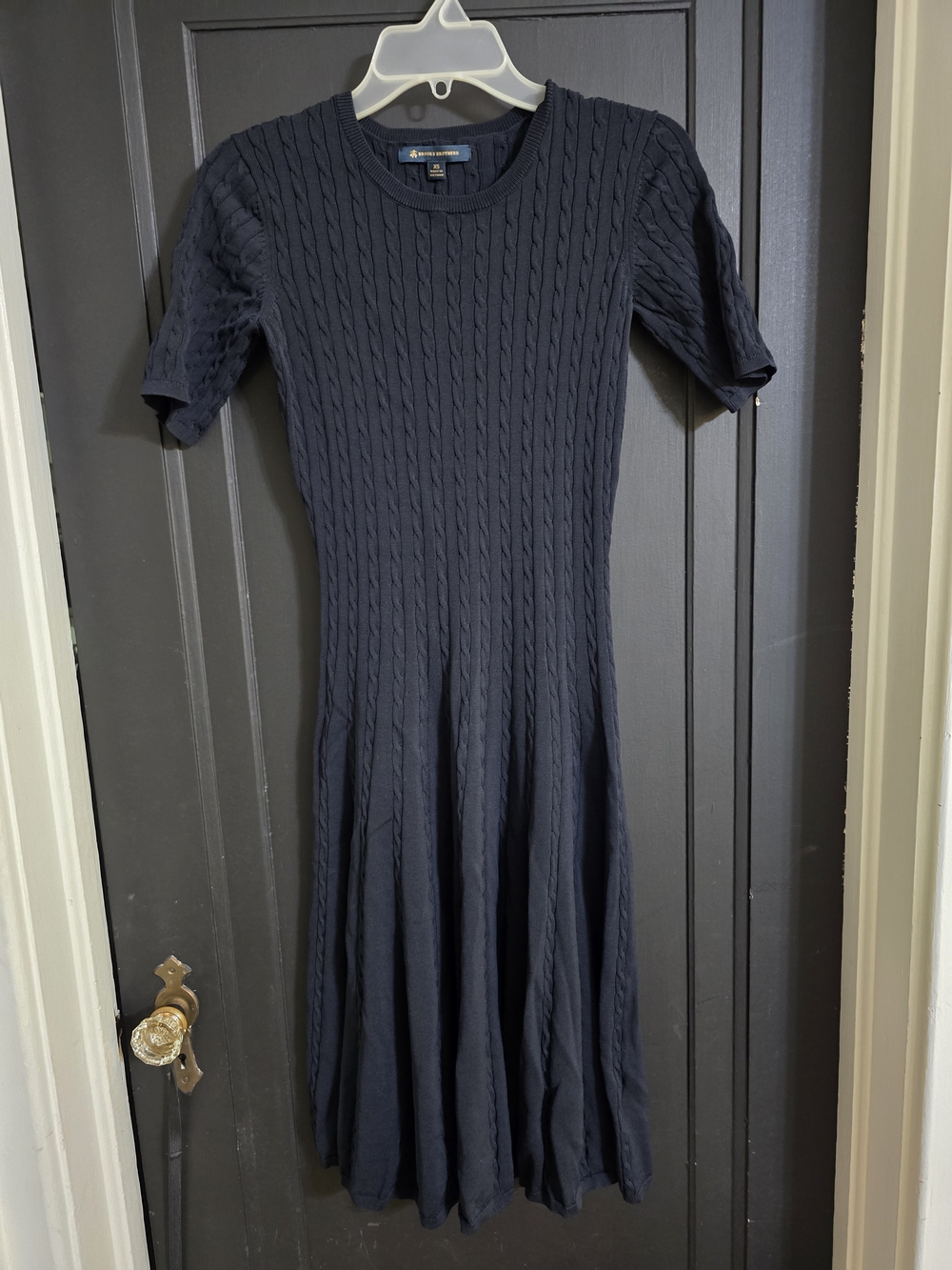 Cable-Knit Navy Short-Sleeve Midi Dress
